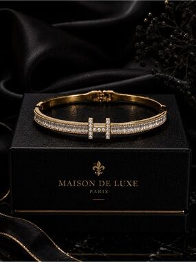 Gold Crystal H Accent Hinged Bangle Bracelet